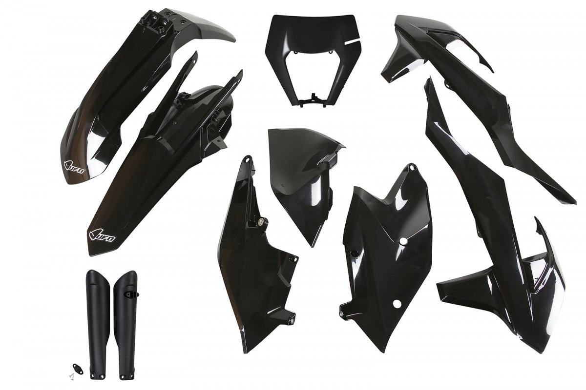 Kit completo de plásticos UFO color negro KTM EXC125 17-19/EXC150 17-19/EXC250 17/EXC-F250 17-19/EXC300 17/EXC-F350 17-19/EXC-F450 17-19/EXC-F500 17-19/XC-W125 17-19/XC-W150 17-19/EXC250 TPI 18-19/XC-W250 17/XC-W250 TPI 18-19